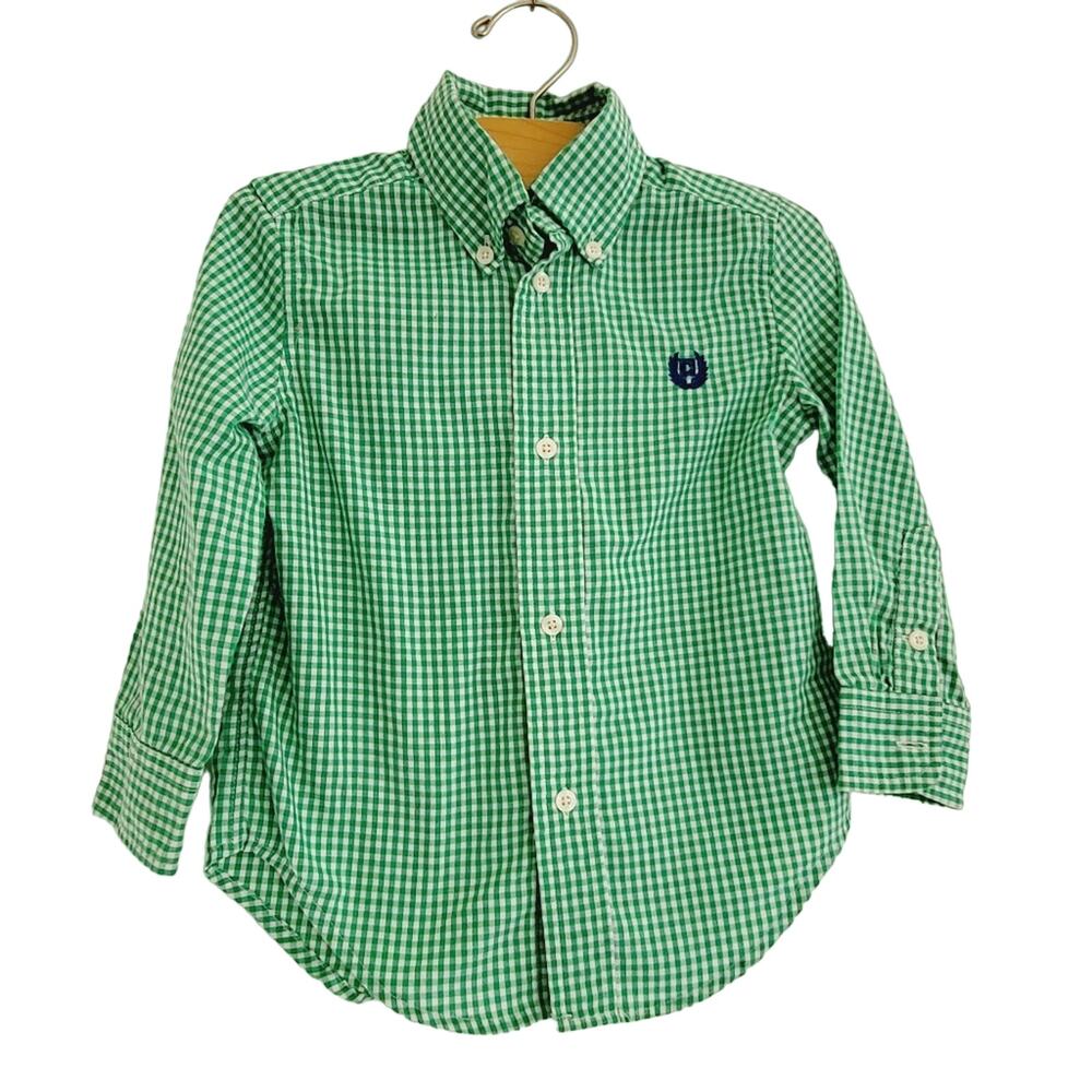 Chaps 2T easy care gingham button down green and white